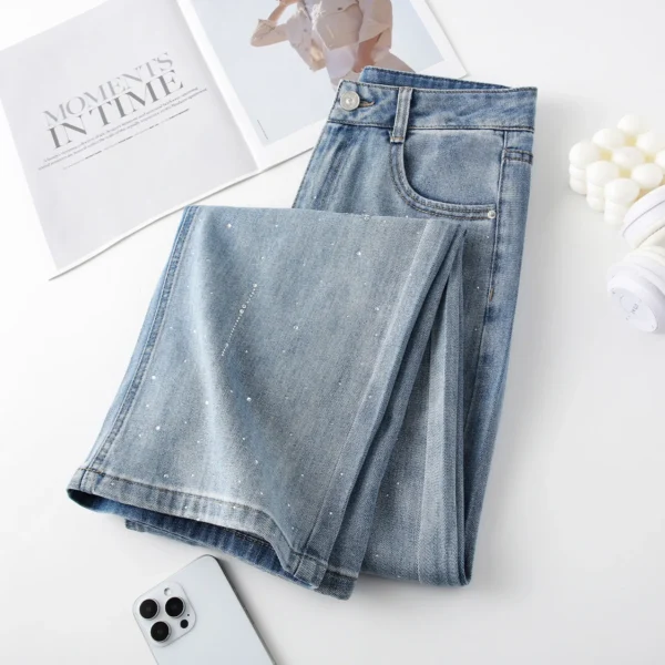 ZJYT Diamonds Wide Leg Jeans Women High Street Fashion Spring Summer Blue Denim Pants Trousers Casual Female Bottoms 2026 New