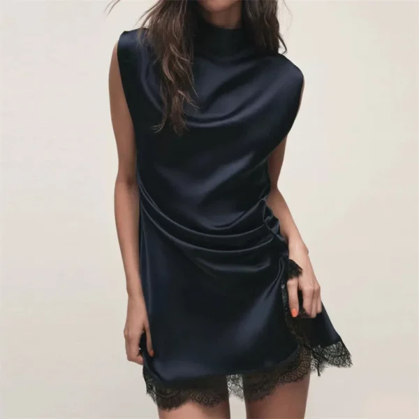 High-Street Chic Women's Lace Patchwork Silk-Satin Feel Mini Dress – 2025 Autumn/Winter New Collection
