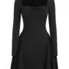 Solid Colour Square Neck Mini Dress Trimmed with Bow and Ruffle Solid Colour Pullover Dress Best for Spring/Summer
