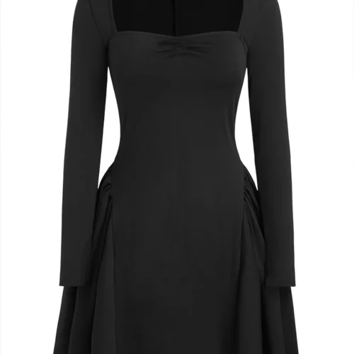 Solid Colour Square Neck Mini Dress Trimmed with Bow and Ruffle Solid Colour Pullover Dress Best for Spring/Summer