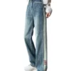Women Vintage Wash High Waist Wide Leg Jeans Side Stripe Distressed Denim Pants Casual Streetwear