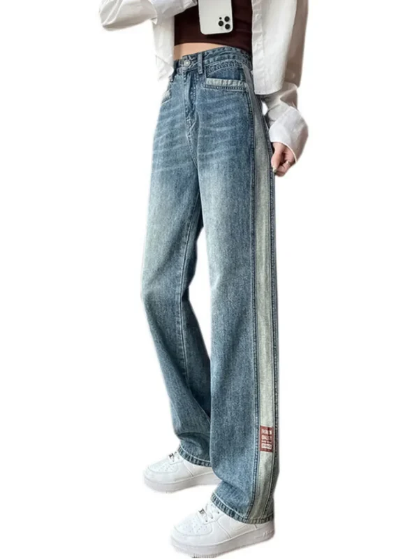 Women Vintage Wash High Waist Wide Leg Jeans Side Stripe Distressed Denim Pants Casual Streetwear